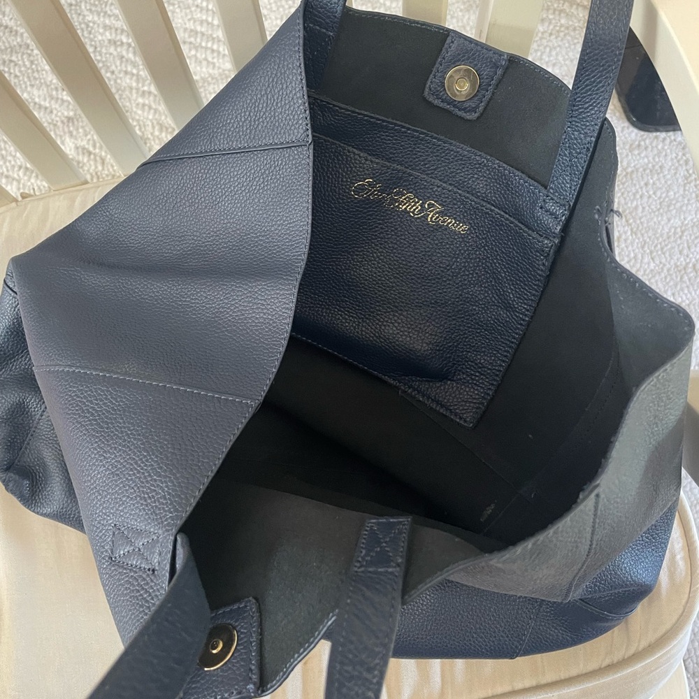 Navy blue Saks Fifth Ave brand leather tote